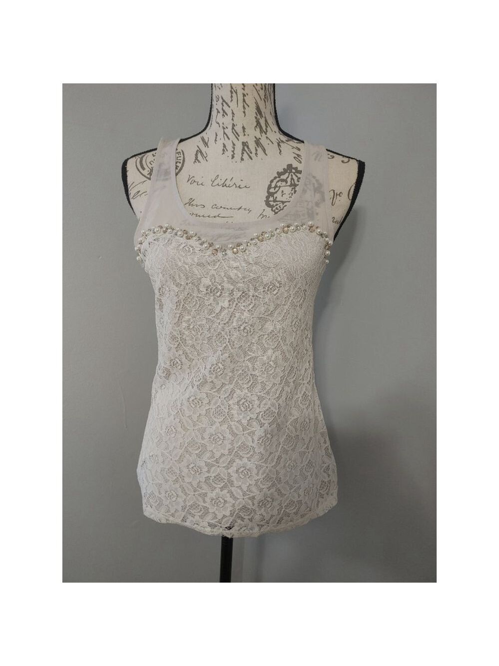 Women's Express Beige Lace Tank Top with Pearls XS